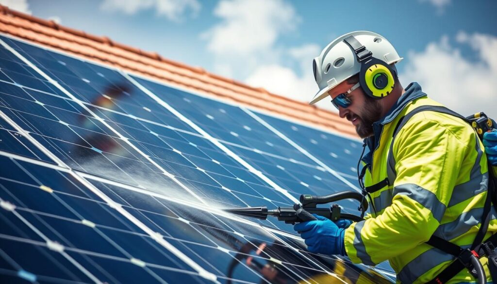 Image of EcoShine Solar Solutions technicians cleaning solar panels with specialized equipment