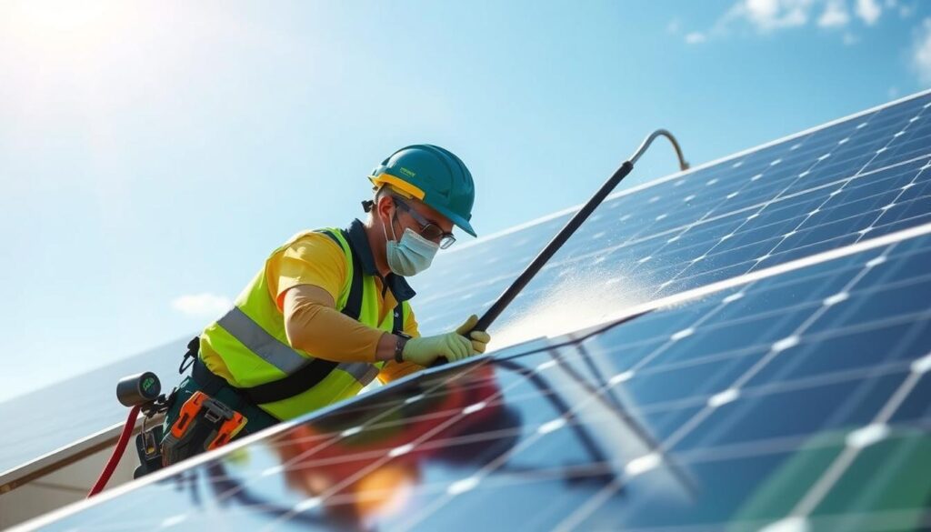 Image of Green Power Energy's maintenance team cleaning solar panels in Union City