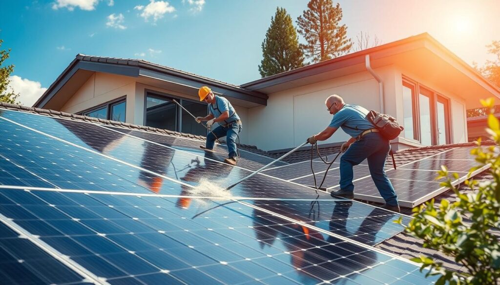 Image of HiCleaners technicians cleaning solar panels on a residential roof