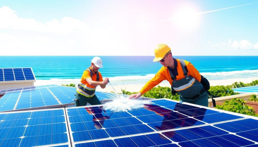 Image of HomeSmiles technicians cleaning solar panels in Virginia Beach