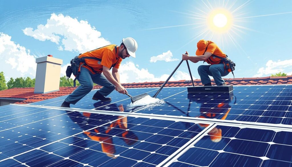 Image of Hudson Valley Solar Solutions cleaning solar panels on a residential roof