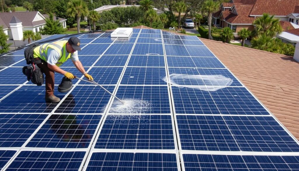 Image of Integrity Roofing technicians cleaning solar panels in Biloxi, MS