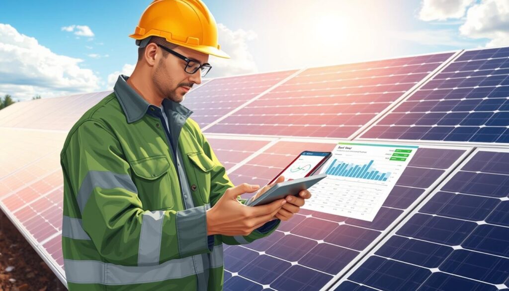 Image of Iowa Green Energy Solutions technician monitoring solar panel performance on a tablet