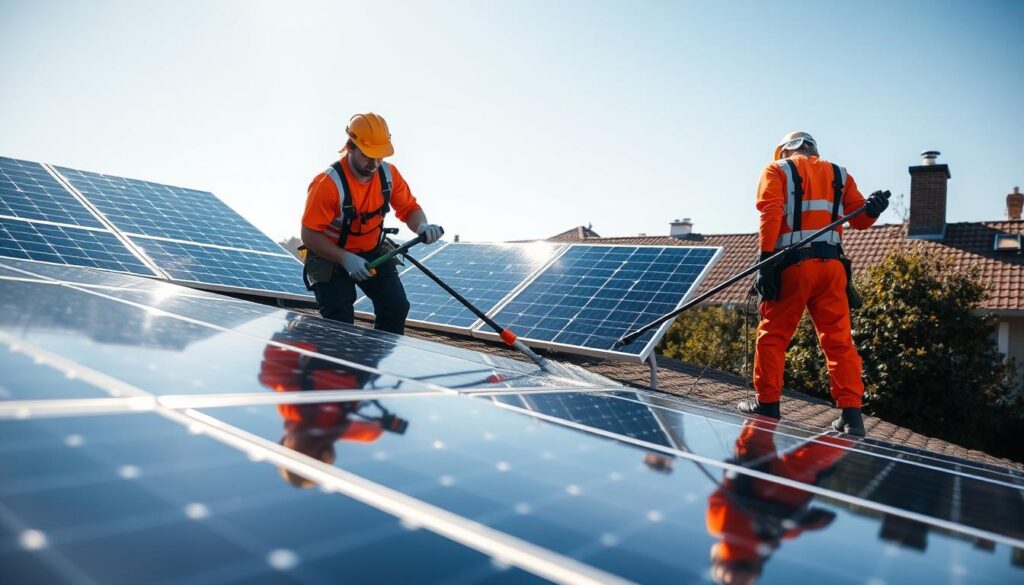 Image of Jersey City Solar Cleaners cleaning solar panels on a residential roof