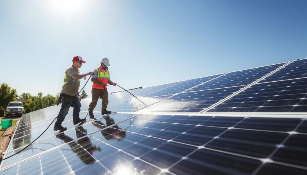 Image of J's Xterior LLC team cleaning solar panels in Cedar Rapids