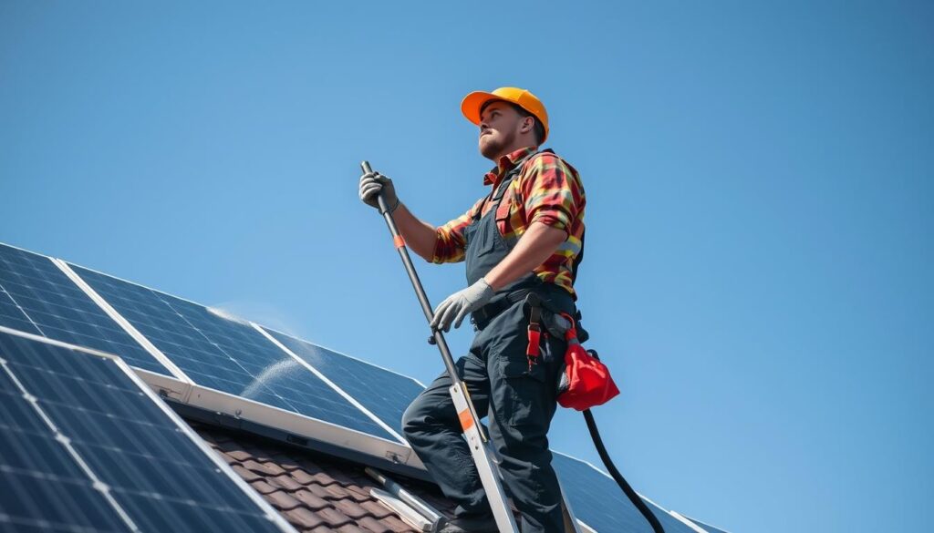 Image of Local Window & Solar Panel Cleaning Service technician on a ladder cleaning solar panels