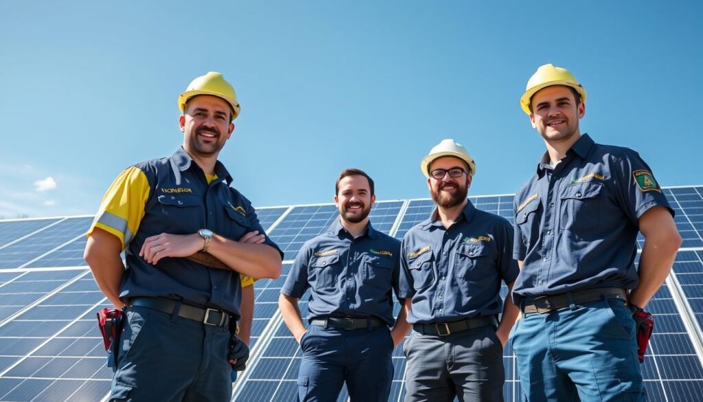 Image of Monbleau Solar Maintenance team in uniform, with solar panels in the background