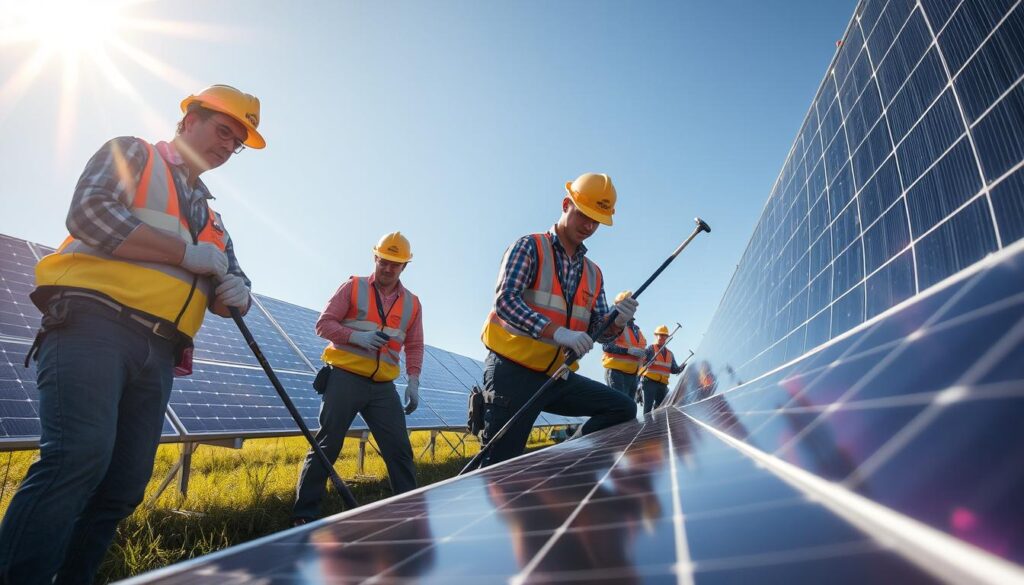 Image of NJ Solar Power's team inspecting and cleaning solar panels