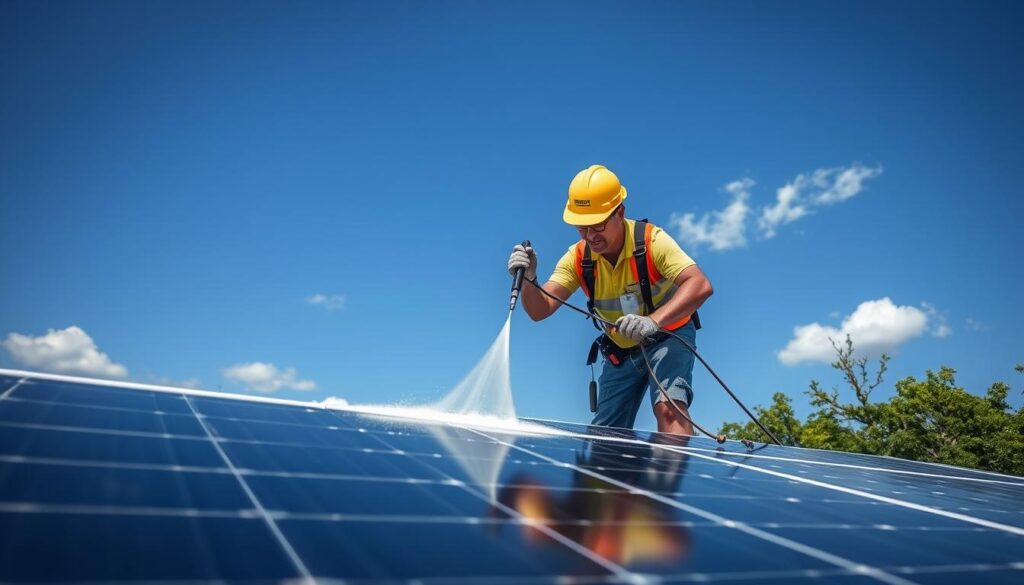 Image of Nashville Solar Solutions' technicians cleaning solar panels with eco-friendly equipment.