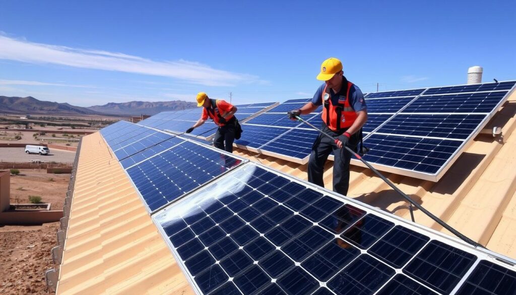 Image of Nevada Sun Cleaners' team cleaning solar panels in Boulder City, NV
