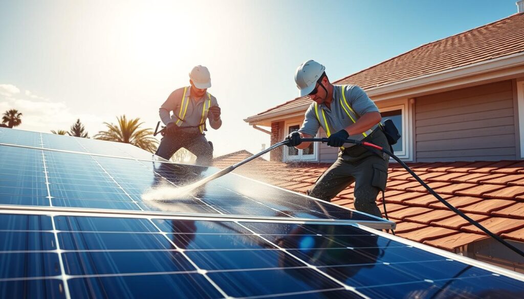 Image of Newark Solar Maintenance Pros cleaning residential solar panels