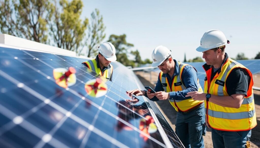 Image of On Time Performance team inspecting solar panels