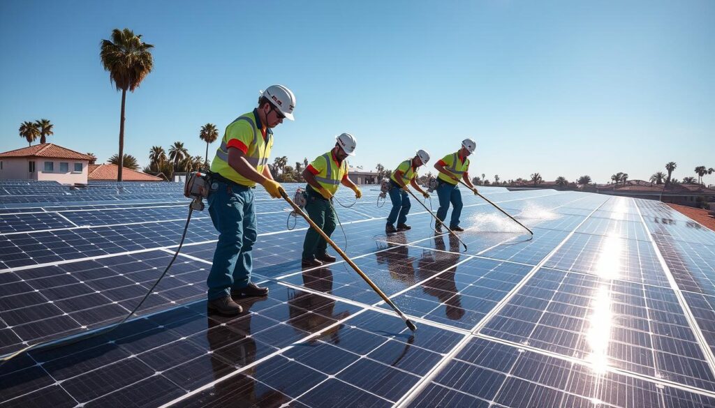 Image of Palm Coast Solar Cleaning team cleaning solar panels in Anaheim, CA