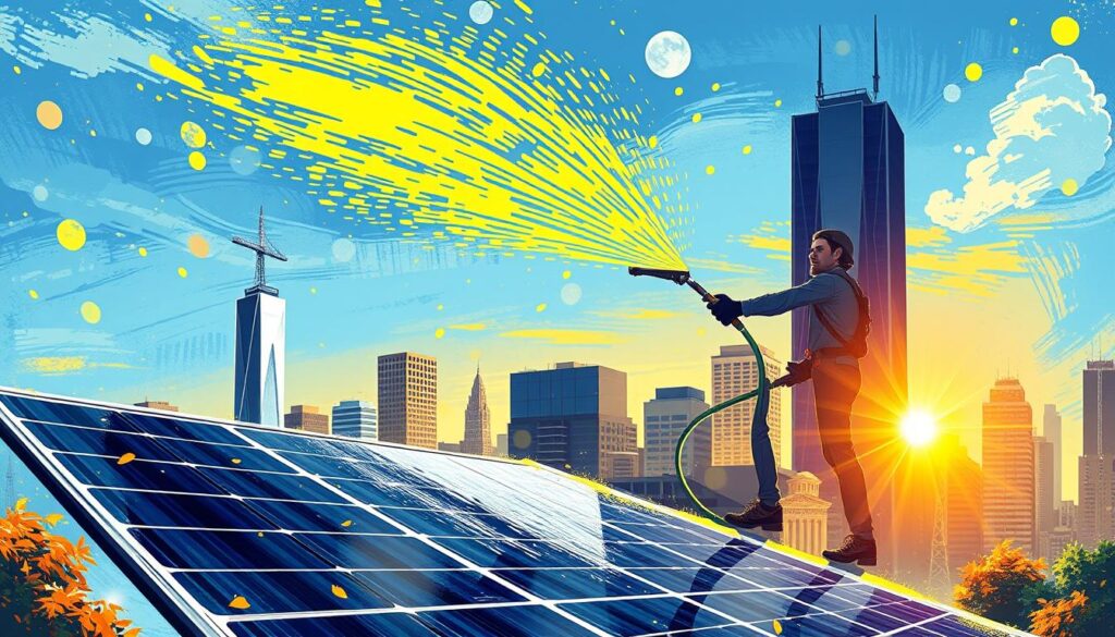 Image of Power Washing Genie cleaning solar panels in Jersey City
