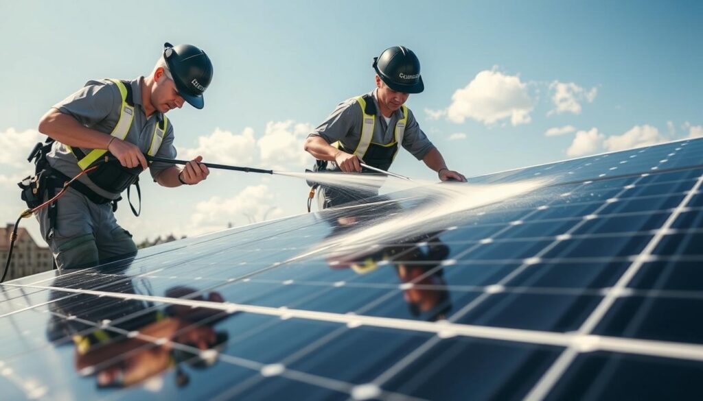 Image of Power Washing Genie's technicians cleaning solar panels in Union City, NJ
