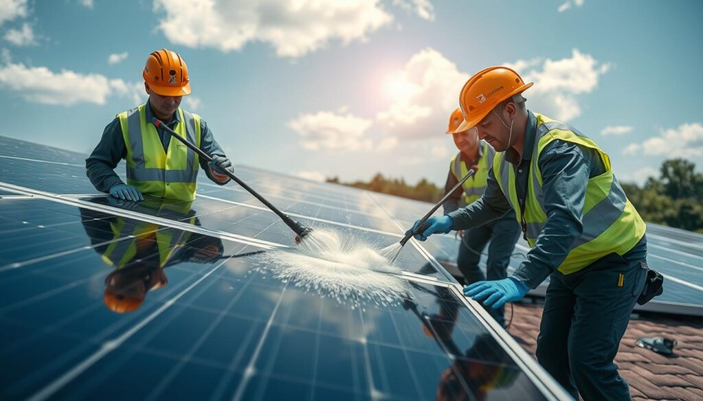 Image of PowerLutions Solar team performing solar panel cleaning in Passaic, NJ