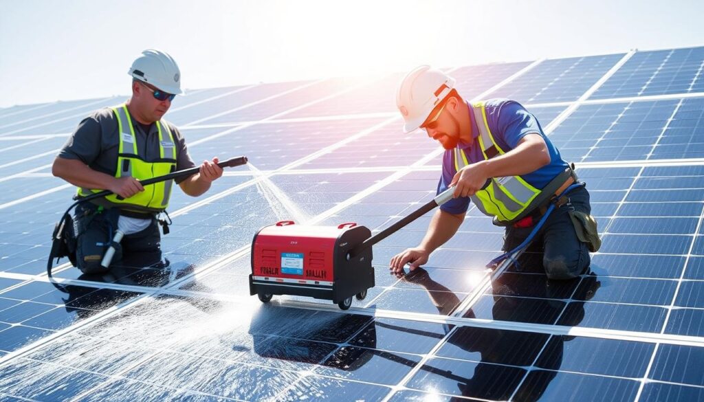 Image of Pure Water Solar Cleaning team using specialized equipment to clean solar panels