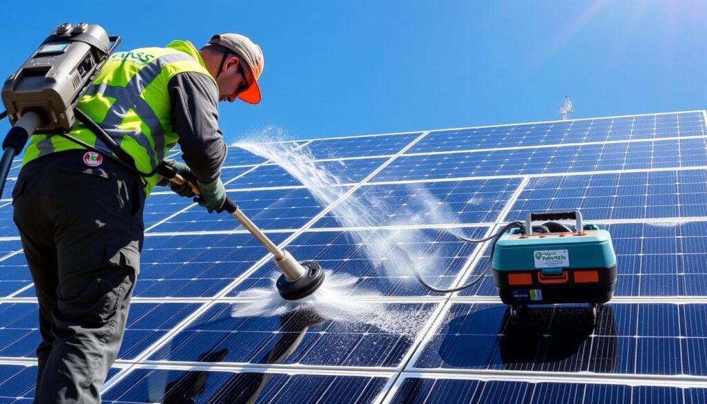 Image of RainSoft ProWash technicians cleaning solar panels
