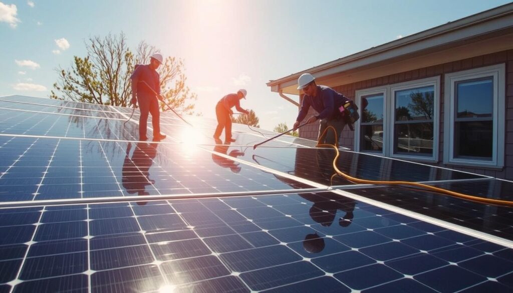 Image of Reflections Window Cleaning, LLC's team cleaning solar panels in New Bedford, MA