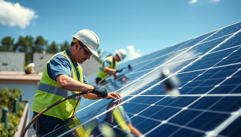 Image of SRsolarNH technicians cleaning solar panels in Lynn, MA