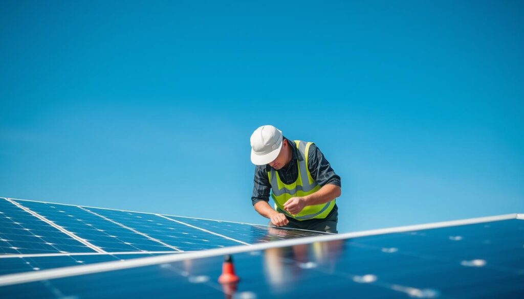 Image of Savannah Solar Solutions technician inspecting solar panels