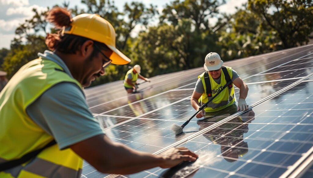 Image of SolaTrue of New Orleans team cleaning solar panels