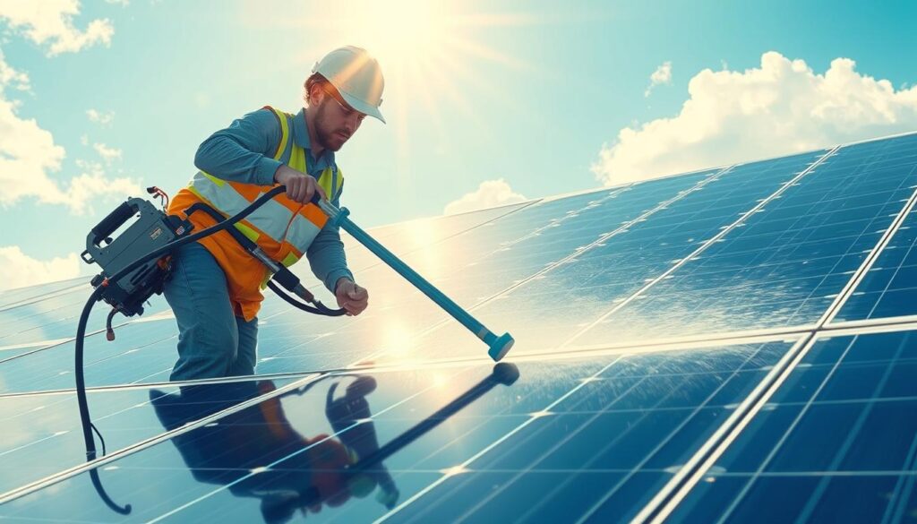 Image of Solar Wash Pros technicians using specialized equipment to clean solar panels
