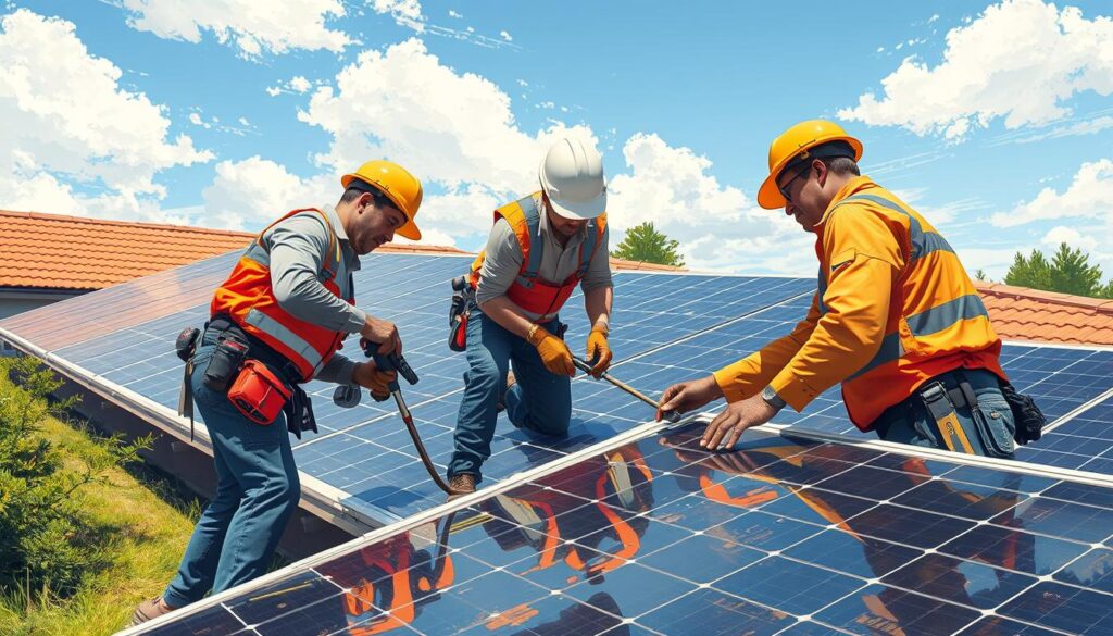 Image of Solar X technicians performing maintenance on solar panels