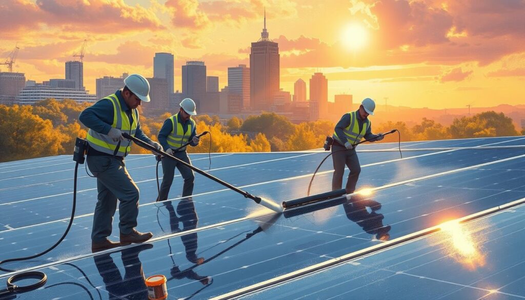Image of Sound Cleaning's team cleaning solar panels in Pittsburgh