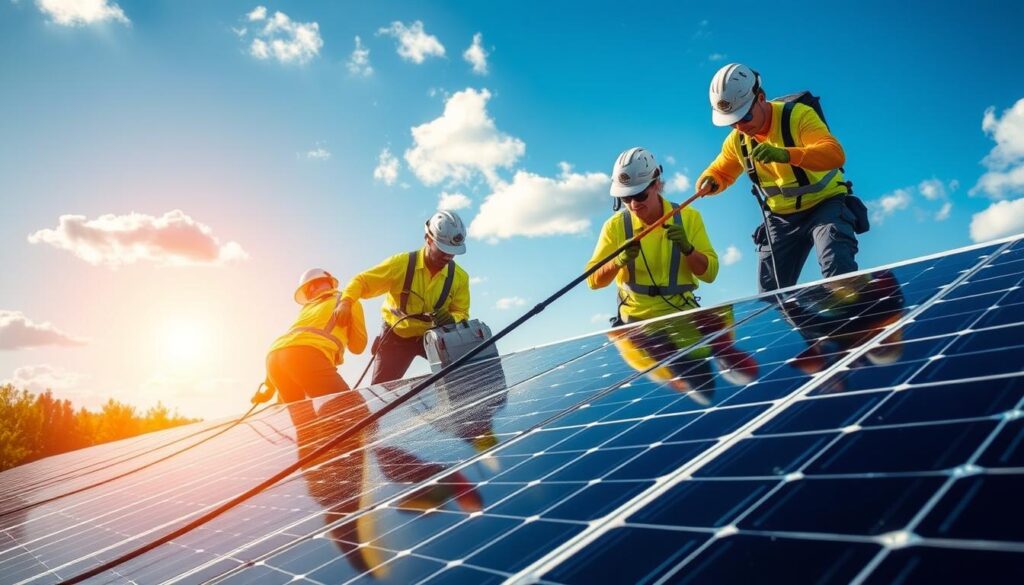 Image of Squee-G Pros technicians cleaning solar panels in Syracuse, NY