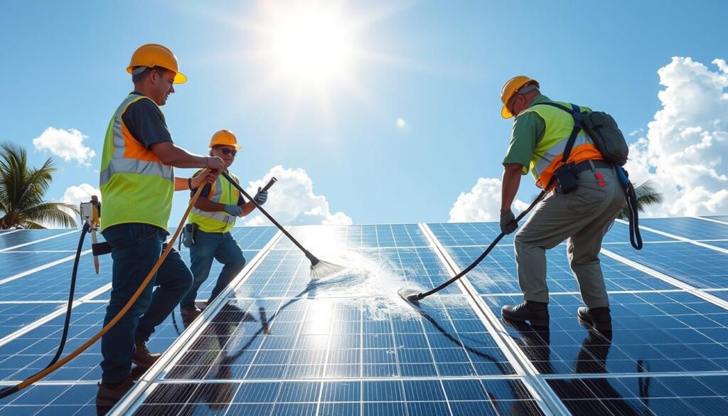 Image of Squeegeezy's team cleaning solar panels in Hialeah