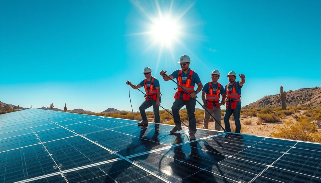 Image of SunBright Panel Services team cleaning solar panels in Phoenix, AZ