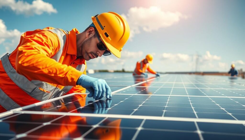 Image of SunBright Solar Cleaning Services technicians inspecting solar panels