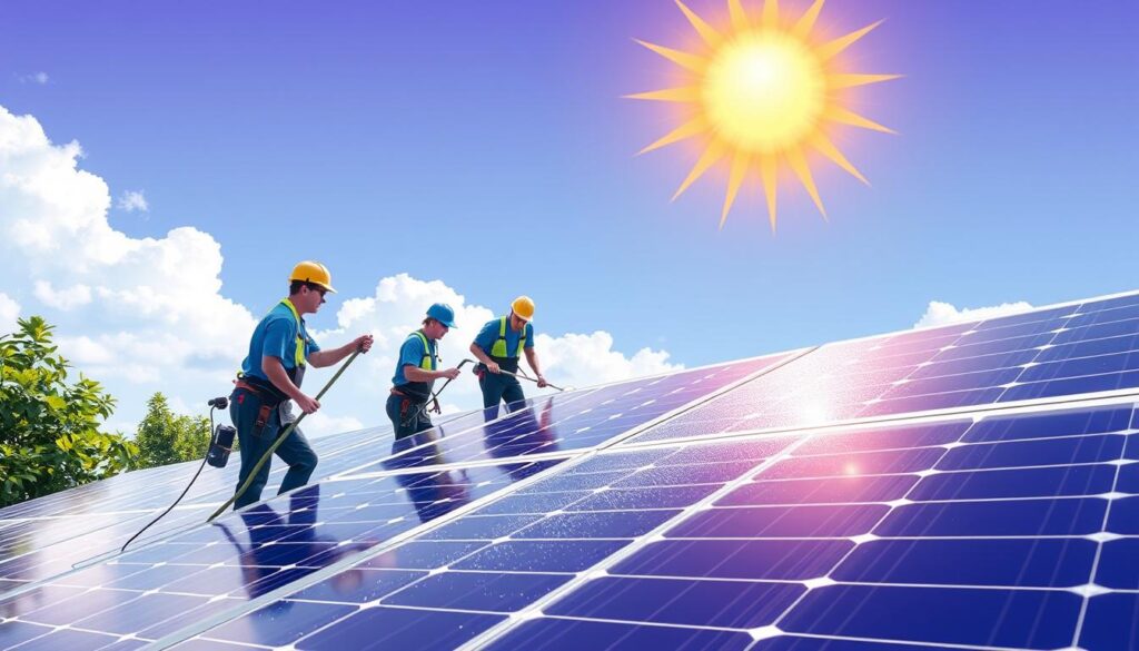 Image of SunClean Virginia team cleaning solar panels