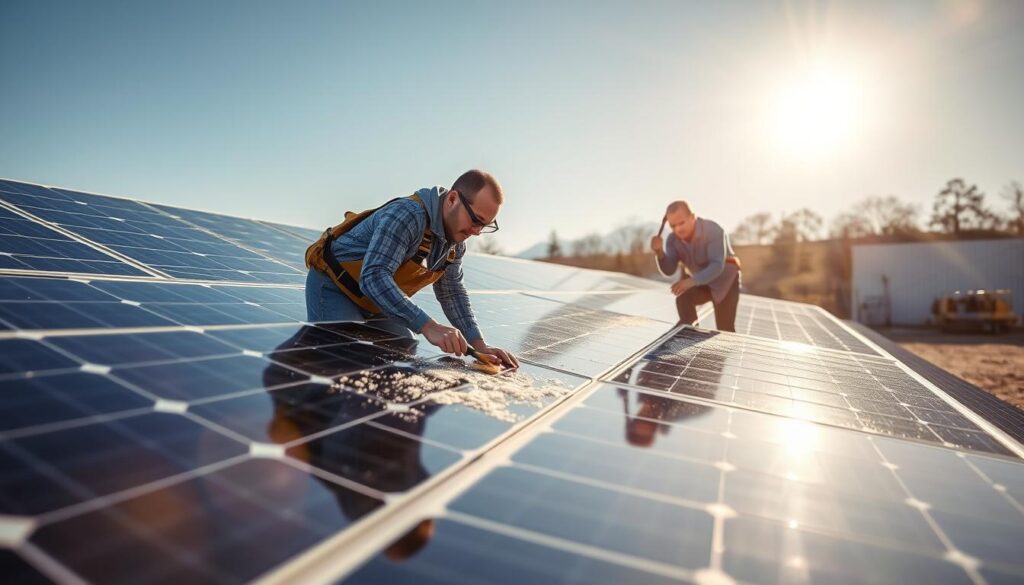 Image of Sunergy Renewable Systems team members cleaning solar panels