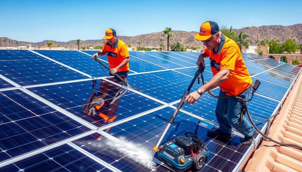 Image of Sunshine Carpet Cleaning team cleaning solar panels in Scottsdale