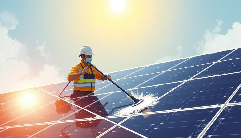 Image of Sunshine Cleaners technicians cleaning solar panels with care