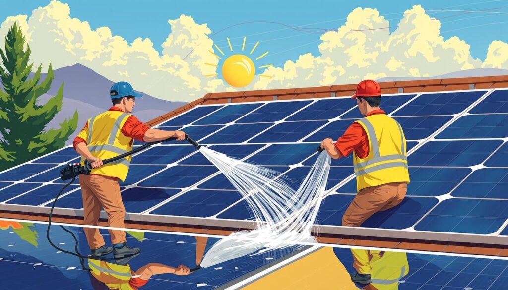 Image of Sunshine Home Services technicians cleaning solar panels in Provo, UT, using their deionized water system.