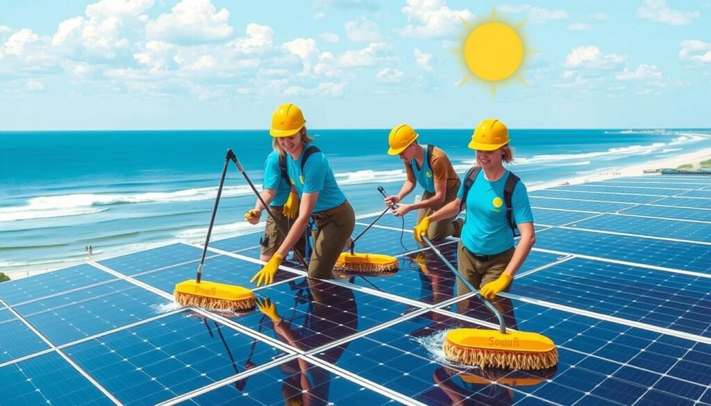 Image of Sunshine Scrubbers team cleaning solar panels in Virginia Beach