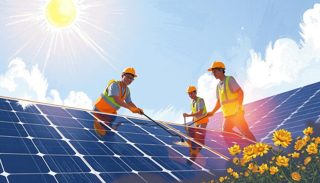 Image of Sunshine Solar Cleaners team cleaning solar panels