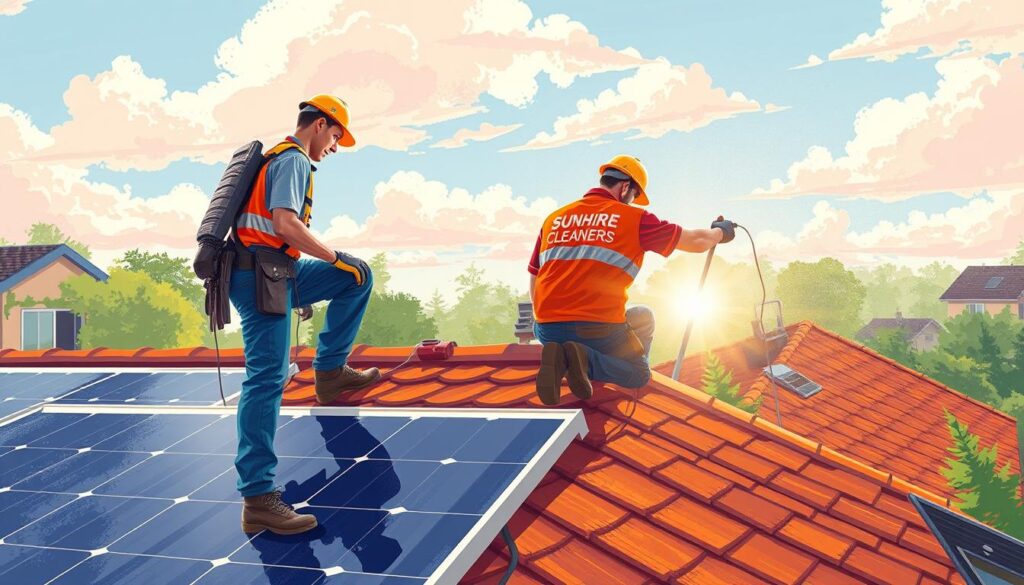 Image of Sunshine Solar Cleaners technicians at work on a residential solar panel installation