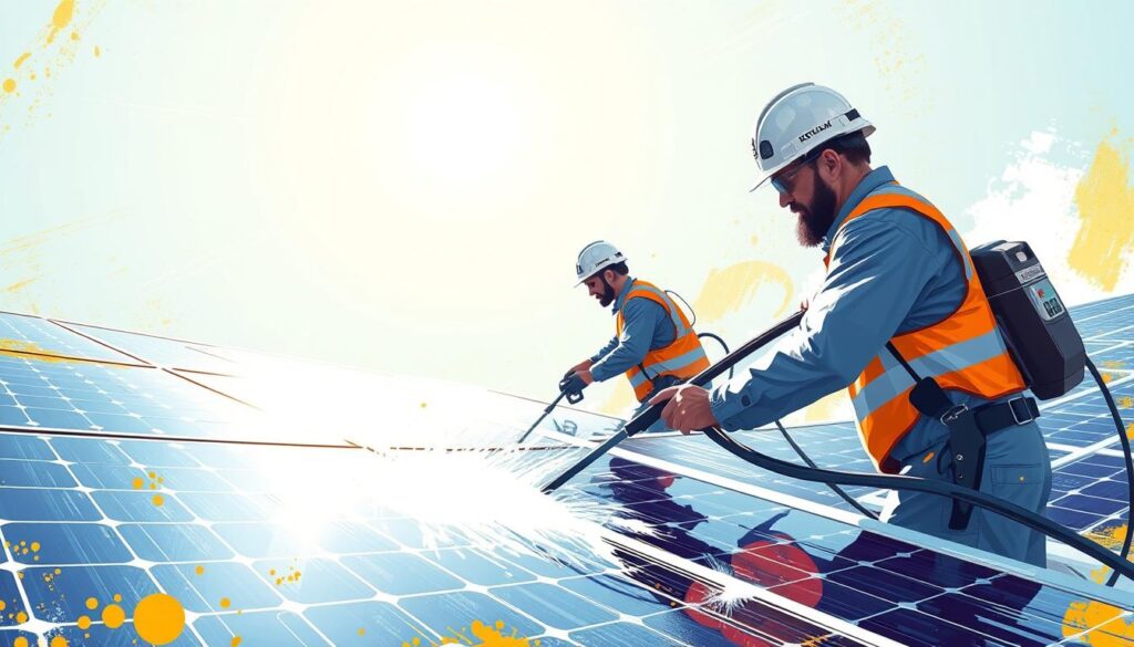 Image of Total Valley Softwash cleaning solar panels with their specialized equipment