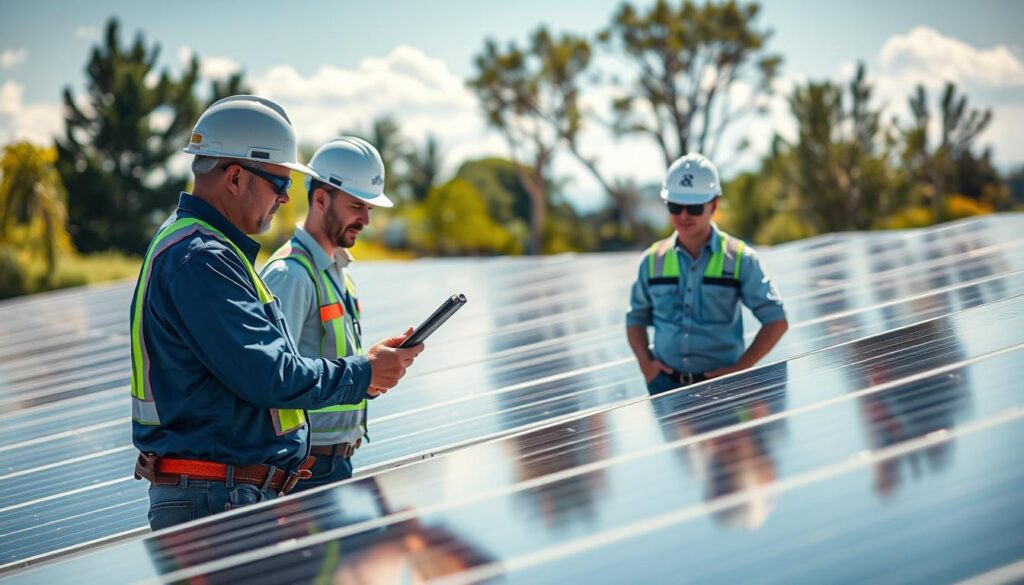 Image of Venture Solar team inspecting solar panels