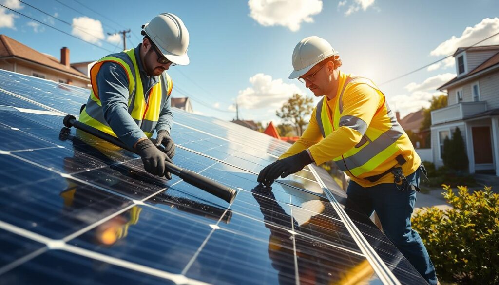 Image of Venture Solar's technicians cleaning solar panels in East Orange, NJ