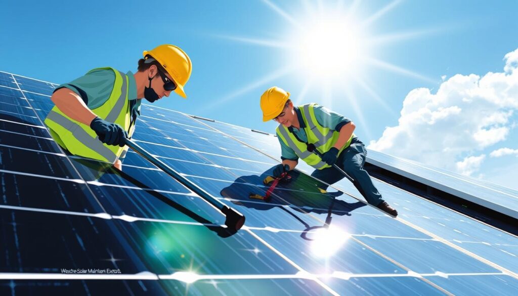 Image of Westchester Solar Maintenance Experts technicians cleaning solar panels