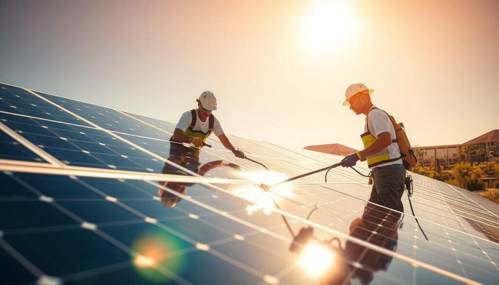 Image of White Tank Solar Panel Cleaning team in action, cleaning solar panels in Glendale, AZ