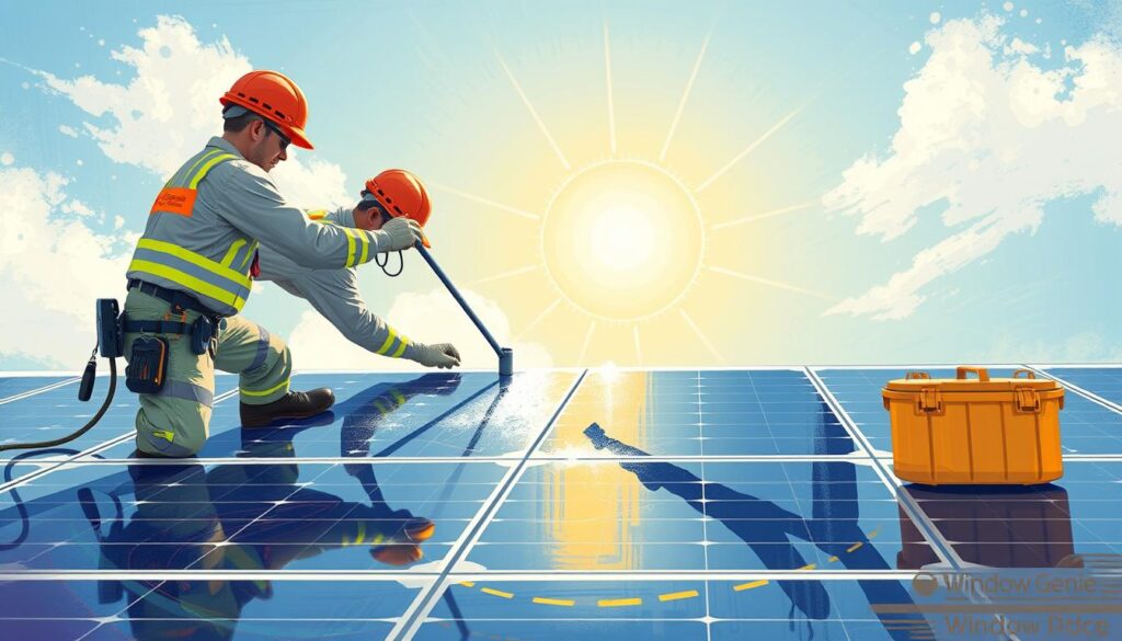 Image of Window Genie technicians cleaning solar panels