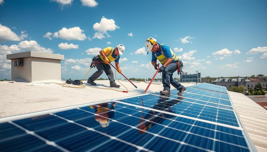 Image of Window Genie technicians cleaning solar panels in Fort Worth