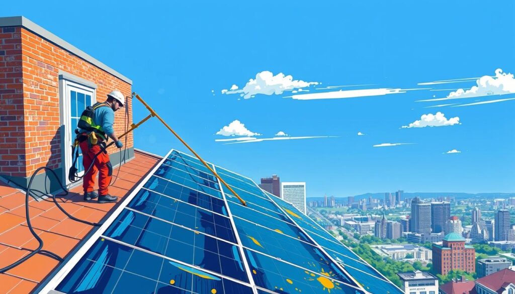 Image of Window Genie technicians cleaning solar panels in Nashville