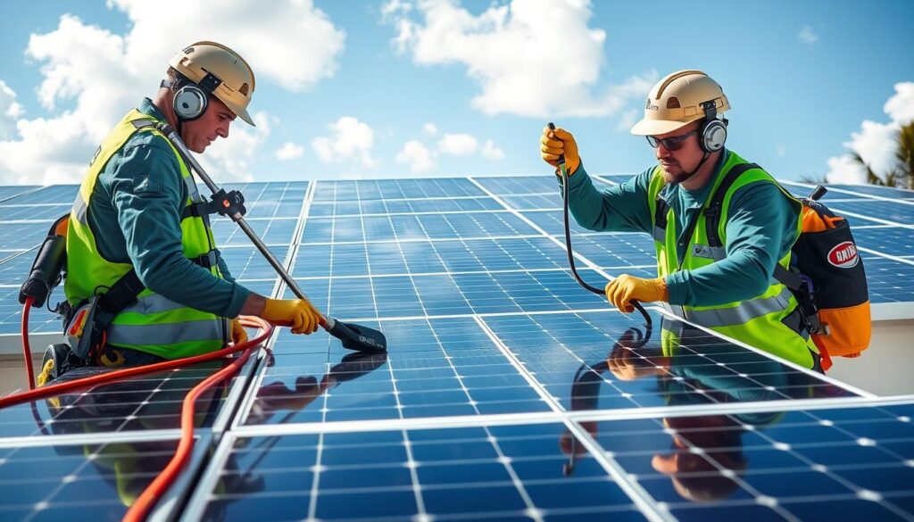 Image of Window Genie's technicians cleaning solar panels in Hialeah, FL